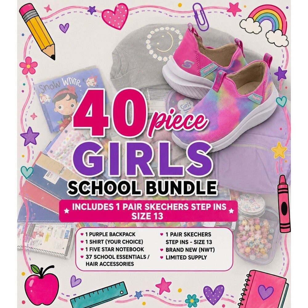 40 Piece Girls School Essentials Bundle NEW Skechers Hands Free Slip-ins Bailey